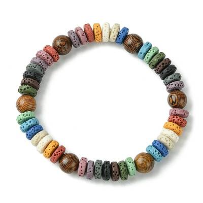 Dyed Natural Lava Rock Disc & Wood Beaded Stretch Bracelet