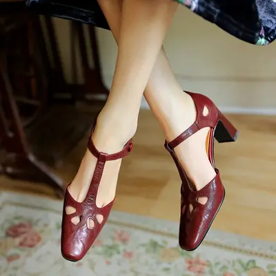CHIKO Dulce Pointy Toe Block Heels T-Strap Shoes