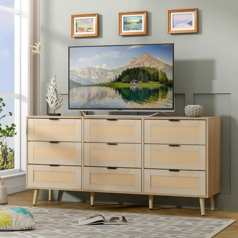 Anbuy Rattan Dresser 9 Drawer Double Dresser, Dual Chest of Drawers Modern Dresser for Bedroom with Rattan Door Organizer Dor...