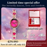 Clvmu Kiai Ladies Elegant Butterfly Watch Bracelet Heart Shaped Gift Box Set with Exquisite Necklace Ring Earrings Fashionabl...