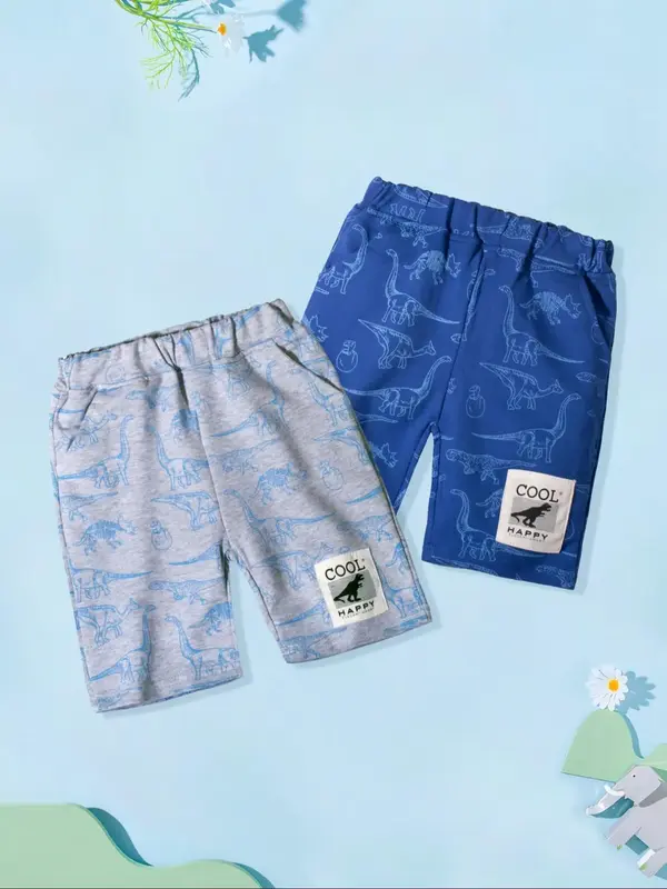 Toddler Boy's Dinosaur Print Patched Pocket Bermuda Shorts, Casual Soft Comfy Shorts for Summer, Kids Bottoms for Beach Vacat...