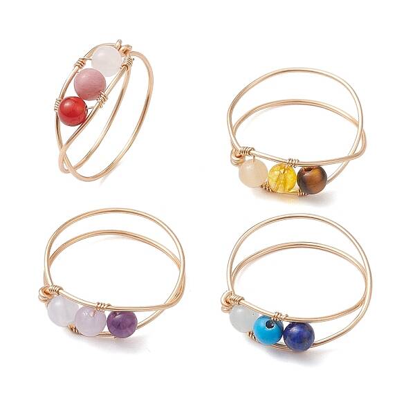 4Pcs Copper Wire Wrapped Natural & Synthetic Gemstone Round Beaded Finger Rings for Women