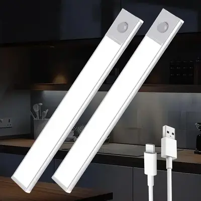 USB Rechargeable LED Motion Sensor Cabinet Light, Three-color Dimmable Cabinet Light, Suitable for Wardrobe, Bookcase, Cabi...