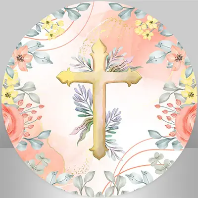 Aperturee Floral Cross Happy Baptism Round Backdrop Kit | Baby Shower Arch Backdrop | Round Backdrop Fabric Cover | Circle Ba...