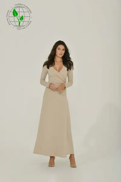 Beige Long Sleeve Maxi Dress w/ High Slit | Size: L | Color: #c7b79f
