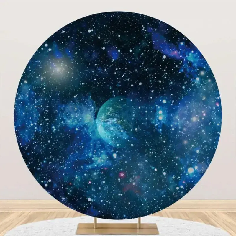 Round Blue Outer Space Planet Star Birthday Backdrop - Aperturee