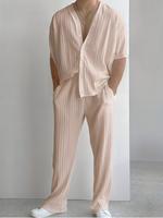 Men's Plain Button Front Shirt & Pants Loungewear, Casual Comfy Short Sleeve Top & Trousers Pj Set, Men's Sleepwear for Summe...