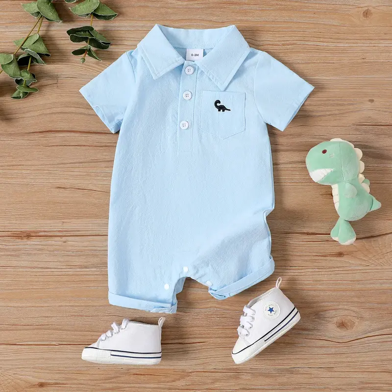 PatPat Baby Boy 100% Cotton Front Buttons Pocket with Dinosaur Pattern Lapel Neck Solid Jumpsuit baby bodysuit