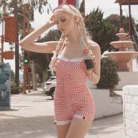 Retro Stage 1950s Color-Block Plaid Halter Sleeveless One-Piece Swimsuit with Button Accents Stretch Fit Perfect for Casual O...