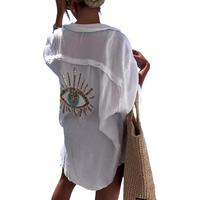 Oversized Sequin Evil Eye Shirts Long Sleeve Linen Button Down Shirt Women Beach Cover Ups Summer women's summer outfits