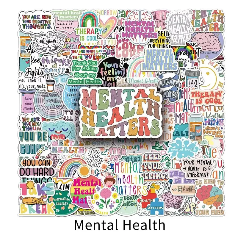 Mental Health Letter Pattern Sticker, 100/200pcs Waterproof Self Adhesive Decor Paper, Decor Sticker for Gift Greeting Card W...