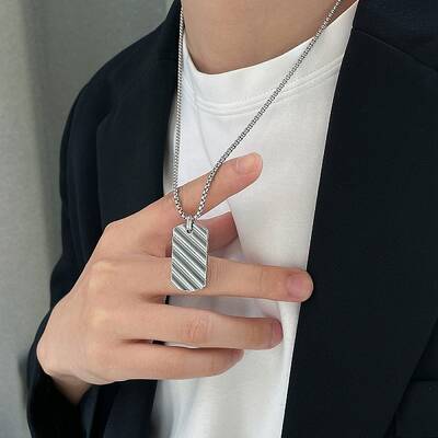 Stainless Steel Simple Texture Rectangle Pendant Necklaces for Men