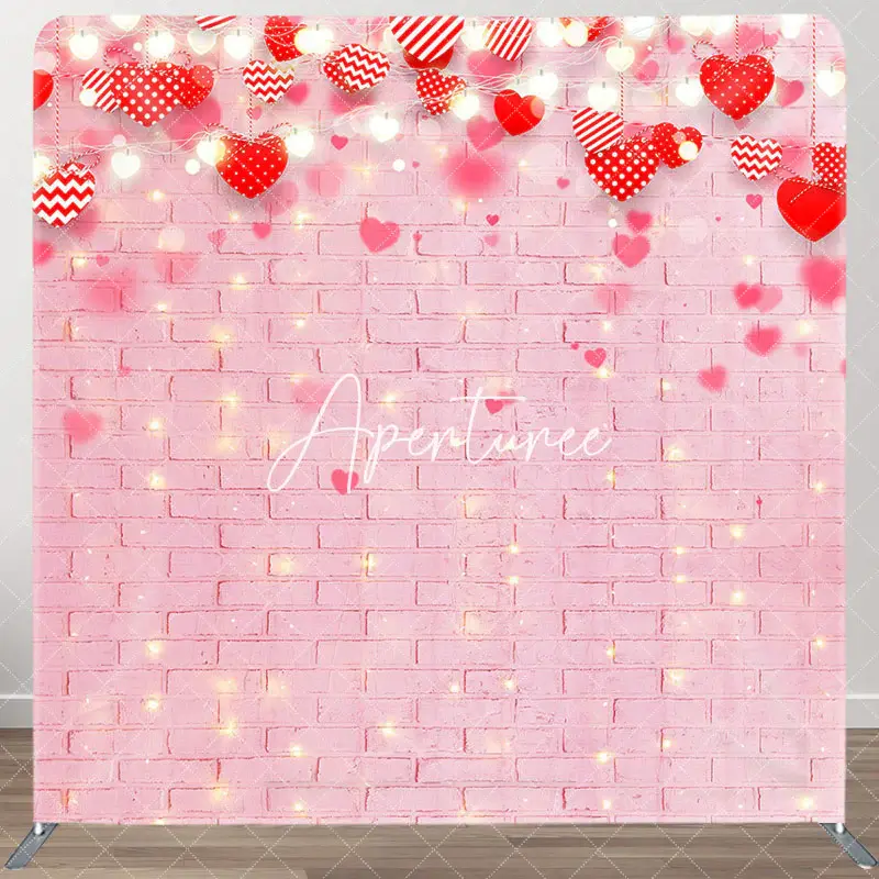 Aperturee Pink Brick Red Hearts Valentines Day Square Backdrop, 6X6FT(1.8X1.8M), 111 USD, square double-sided backdrops, DSHJ...