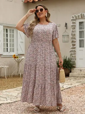 【Plus Size】Women's Ditsy Floral Print Pocket A Line Vintage Dress, Boho Floral Ruffle Clothes, Plus Size Fit Dresses for ...