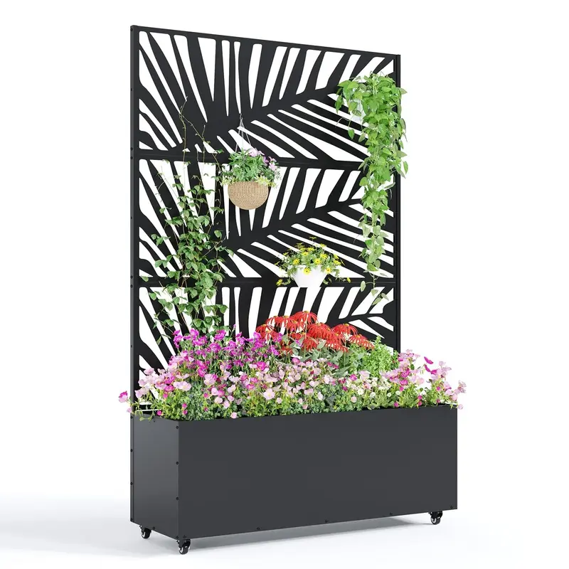 Garvee Metal Planter Box with Trellis and Wheels, 71x47x16 Raised Garden Bed for Climbing Plants, Vegetables, Vines, Priva...