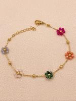 Boho Flower Decor Link Charm Bracelet, Fashionable Stainless Steel Vintage Jewelry for Women Party, Daily Decor, Trendy Y2k T...