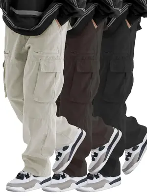 Men's Solid Flap Pocket Drawstring Cargo Pants, Unisex Casual Loose Zipper Pants for Outdoor Daily Wear, Lounge wear Woven Bo...