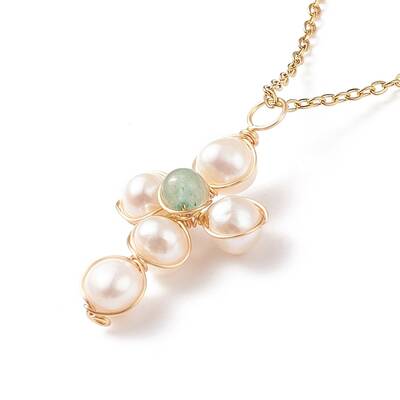 Natural Green Aventurine & Pearl Braided Cross Pendant Necklace
