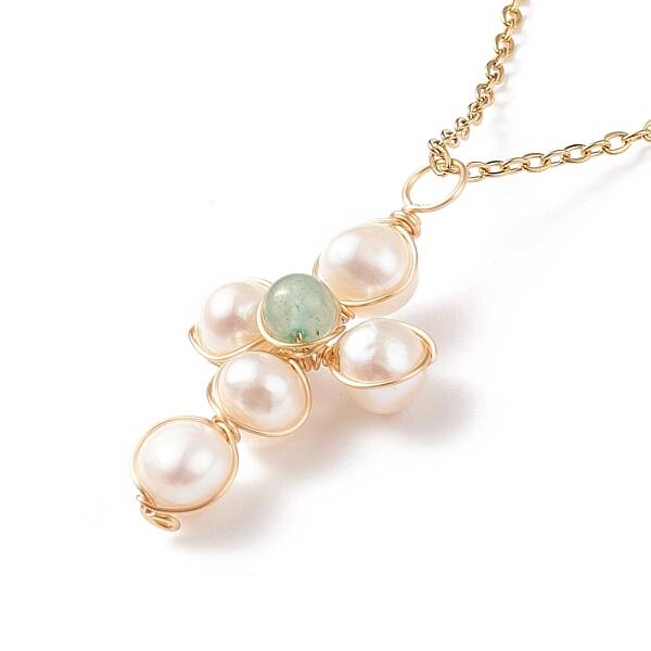 Natural Green Aventurine & Pearl Braided Cross Pendant Necklace