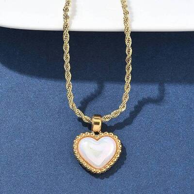 304 Stainless Steel Pave Shell Heart Pendant Rope Chain Necklaces for Women