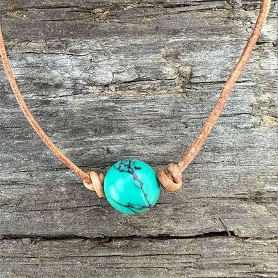 Synthetic Turquoise Round Ball Pendant Genuine Leather Handmade Necklace Simple Elegant Jewelry