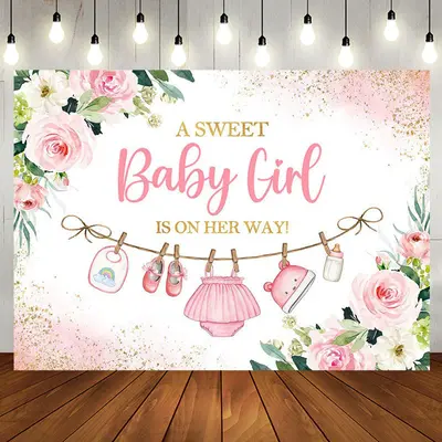 Pink Golden Floral Baby Shower Backdrop For Girls - Aperturee