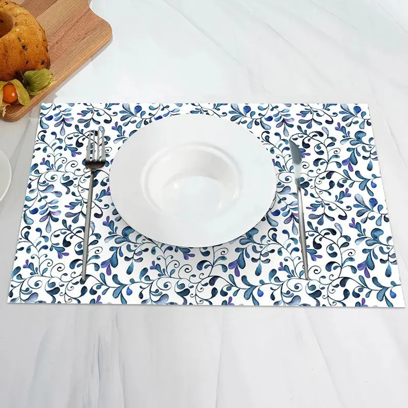 White Blue Abstract Leaf Vintage Set Of 4 Placemats - Aperturee