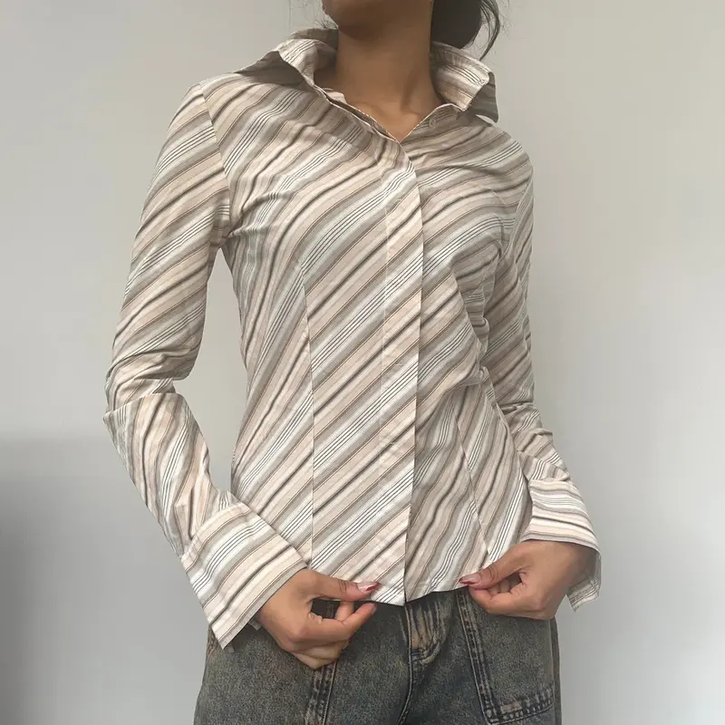 Unbranded Striped Shirt - Small Beige Cotton