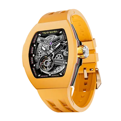 TSAR BOMBA Men's Automatic Skeleton Watch | Interchangeable Luxury Design | Yellow | Atomic TB8218 | Fluororubber