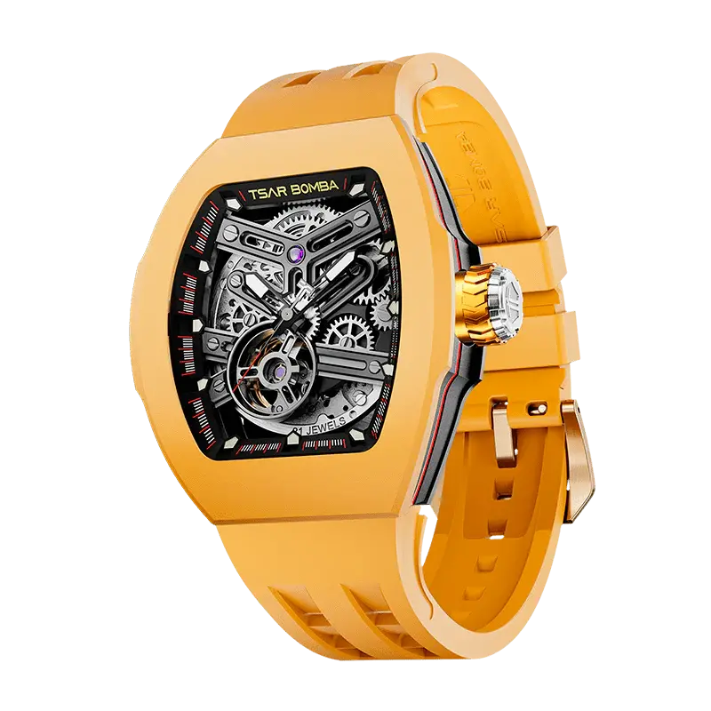 TSAR BOMBA Men's Automatic Skeleton Watch | Interchangeable Luxury Design | Yellow | Atomic TB8218 | Fluororubber