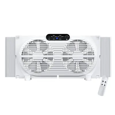 Twin Window Fan with Intruder Alarm, 9 inch Window Fan with Remote Control and Reversible Airflow, 3-Speed Settings, Expandab...