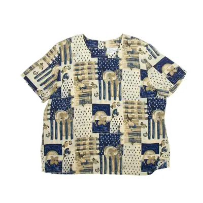 KATHY CHE Blouse Beige Floral Short Sleeve Womens XL
