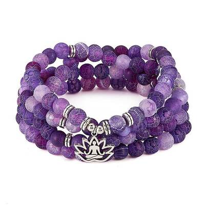 Natural Weathered Agate Round Beaded Wrap Bracelet with Alloy Ohm/Aum Lotus