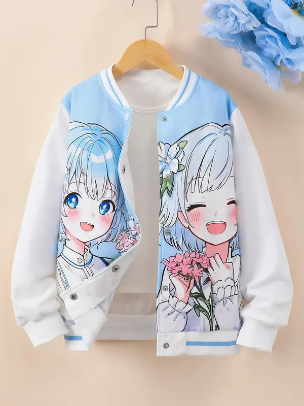 Girl's Cartoon Print Button Front Varsity Jacket, Cute Long Sleeve Baseball Collar Outerwear for Fall & Winter, Kids Clothes ...