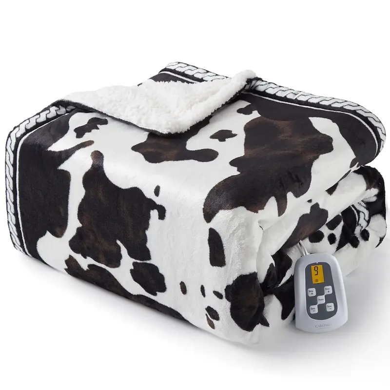 Garvee Heated Electric Blanket Full Size, Cow Print Fast Heating Throw Blankets with LCD Controller, 10 Heat Levels & 1-12H T...