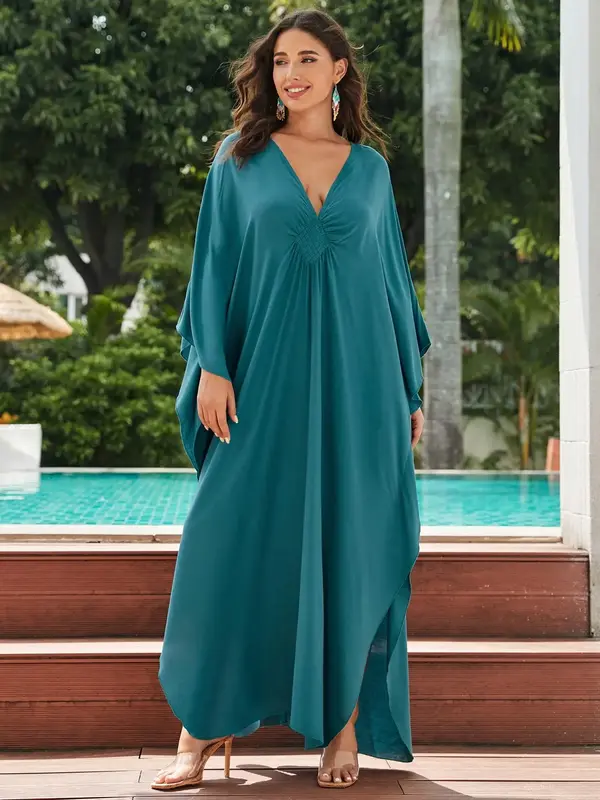 Women's Plain Ruched Split Hem Long Kaftan, Elegant V Neck Batwing Sleeve Dress for Spring & Fall, Women's Islamic Clothing f...