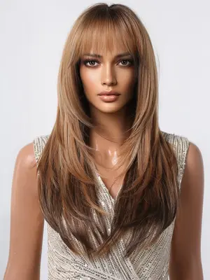 Women's Natural Long Straight Synthetic Wig With Bangs, 26 Inch Natural Brown Long Straight Wigs For Women, Gorgeous Fluffy W...