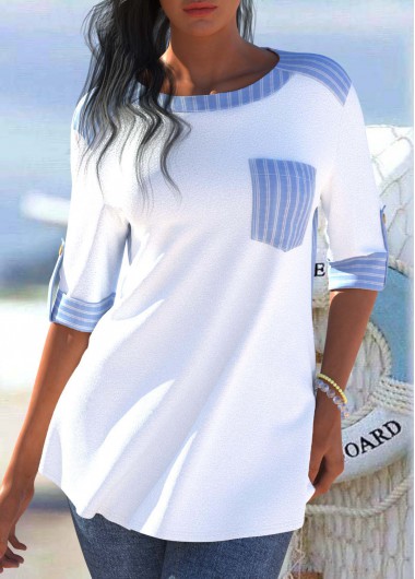 Modlily Light Blue Striped 3/4 Sleeve Round Neck Blouse - XXL