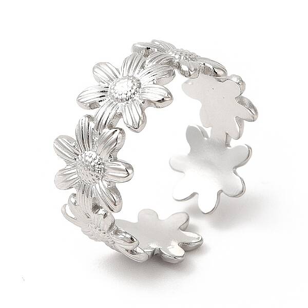 Non-Tarnish 304 Stainless Steel Sunflower Open Cuff Ring for Women