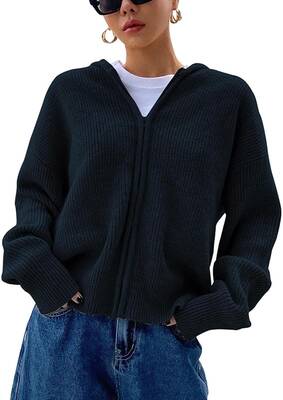 Women's Zip Up Hooded Cardigan Sweater Knitted Drop Shoulder Fall Hoodies Outerwear