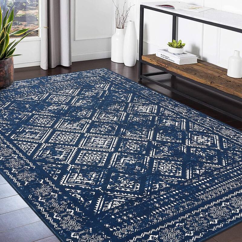 Garvee Boho Blue 9x12 Washable Rugs, for Living Room Moroccan Living Room Rugs Distressed Trellis Boho Large Area Rug for Bed...