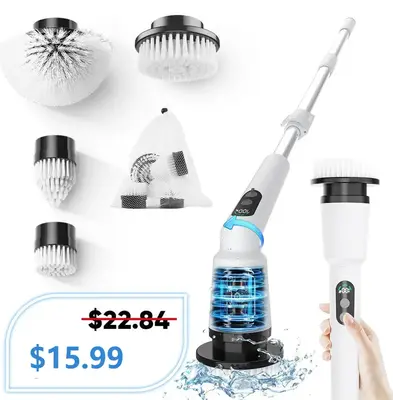 Electric Spin Scrubber, IPX7 Waterproof Cordless Cleaning Brush with 4 Replaceable Brush Heads, Adjustable Extension Handle a...