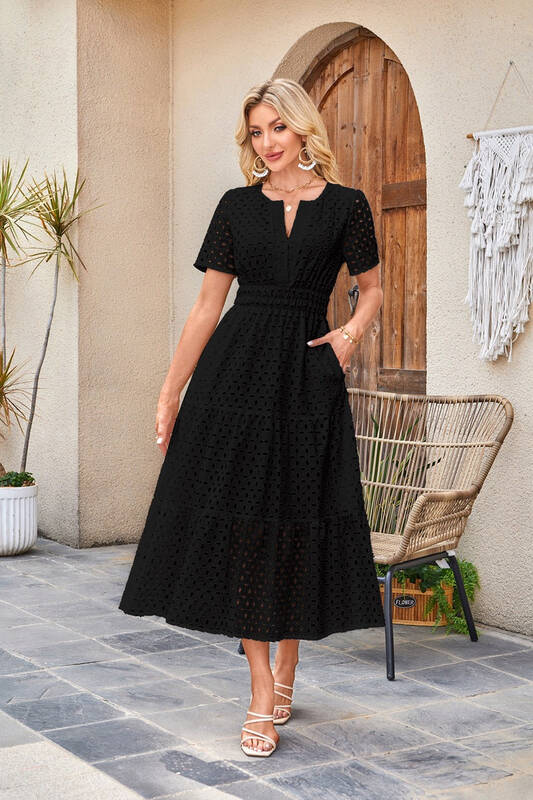 Womens 2025 Summer Maxi Dress Short Sleeve V Neck Hollow Out Eyelet A Line Long Flowy Beach Vacation Dresses