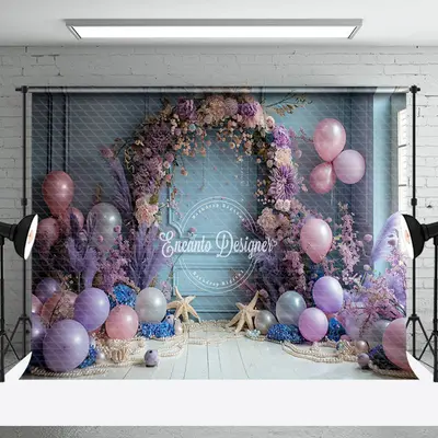 Vintage Blue Wall Purple Floral Balloon Backdrop