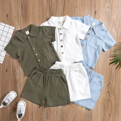 2Pcs Little Boys Outfit, Toddlers Summer Autumn Solid Color Lapel Short Sleeve Single-Breasted Tops + Shorts Set