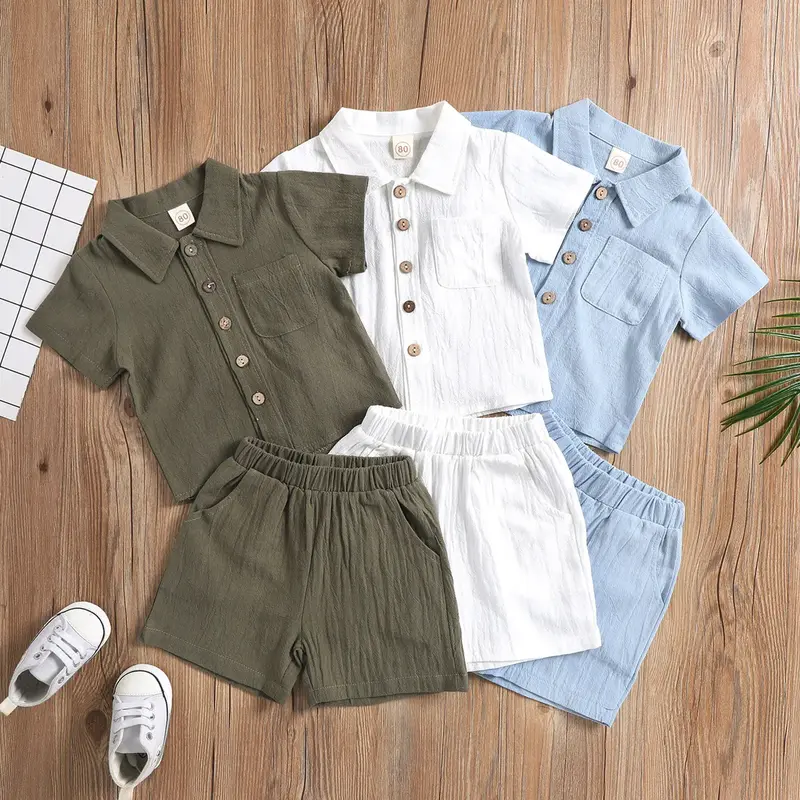 2Pcs Little Boys Outfit, Toddlers Summer Autumn Solid Color Lapel Short Sleeve Single-Breasted Tops + Shorts Set