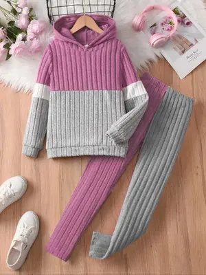 Two-Piece Set Girl's Colorblock Hoodie & Skinny Pants Set, Casual Long Sleeve Hooded Sweatshirt & Trousers for Fall & Winter...