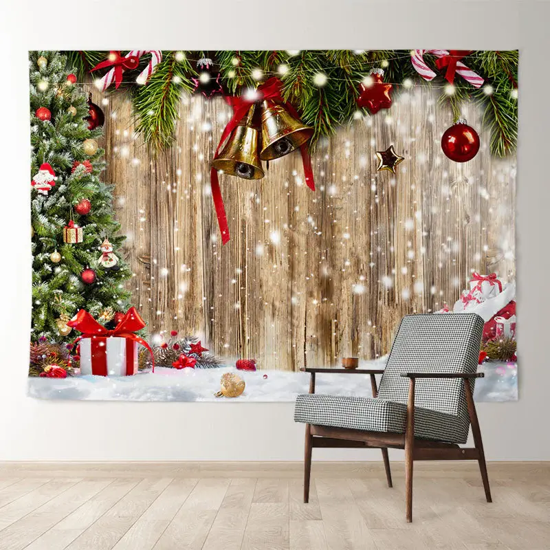 Aperturee Jingle Bells Wooden Snowy Gift Christmas Backdrop