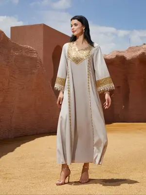 Round Neck Patchwork Gold Sequins Sleeve Tassel Maxi Dress, Saudi Arabia Arab Festival Party Robe, Muslim Clothing, Classy Mo...