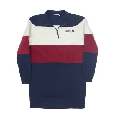 FILA 1/4 Zip Up Oversized Jumper Dress Blue Colourblock Fleece Long Sleeve Knee Length Womens UK 6